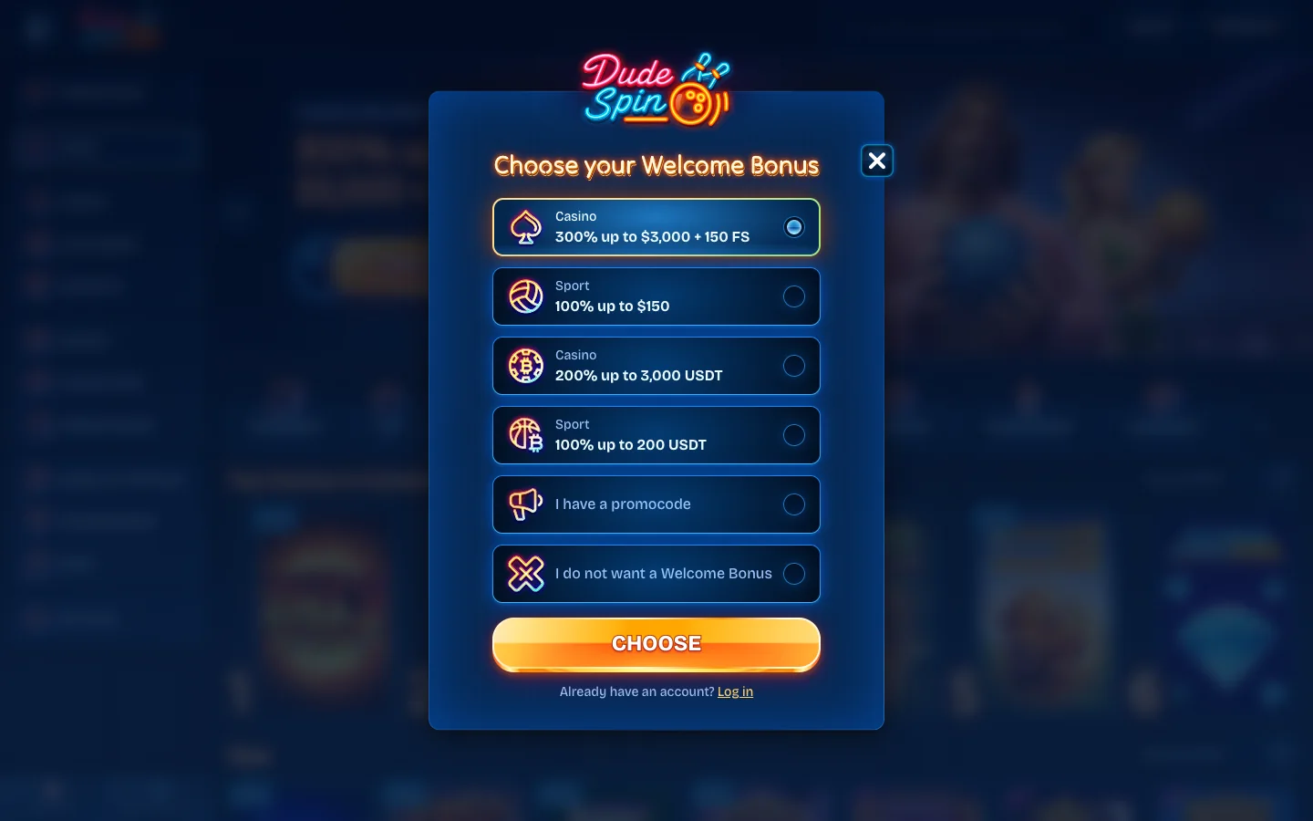 The DudeSpin Casino sign-up modal that Canadian players complete before any identity check is requested