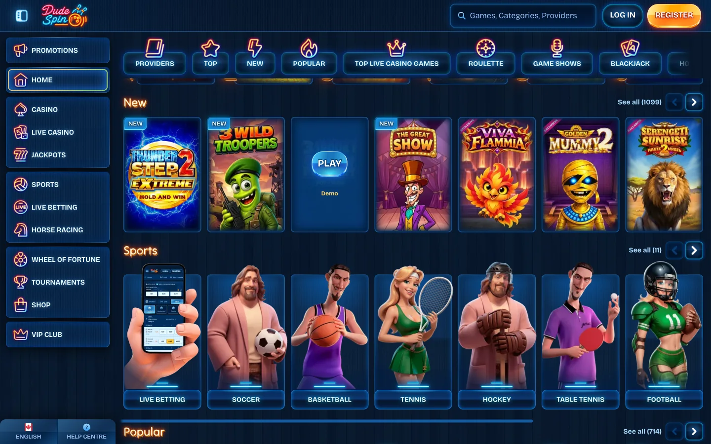 The DudeSpin Casino games lobby for Canada with slot shelves and game counts visible